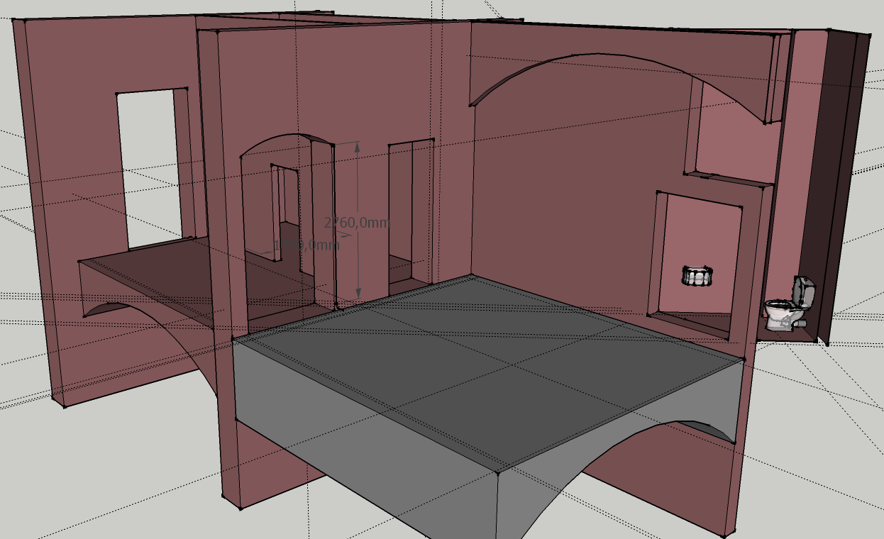 Abbildung 6.4: 3D Modell mit Blick auf den zu isolierenden Raum, seine Durchgänge und das darunterliegende Gewölbe.